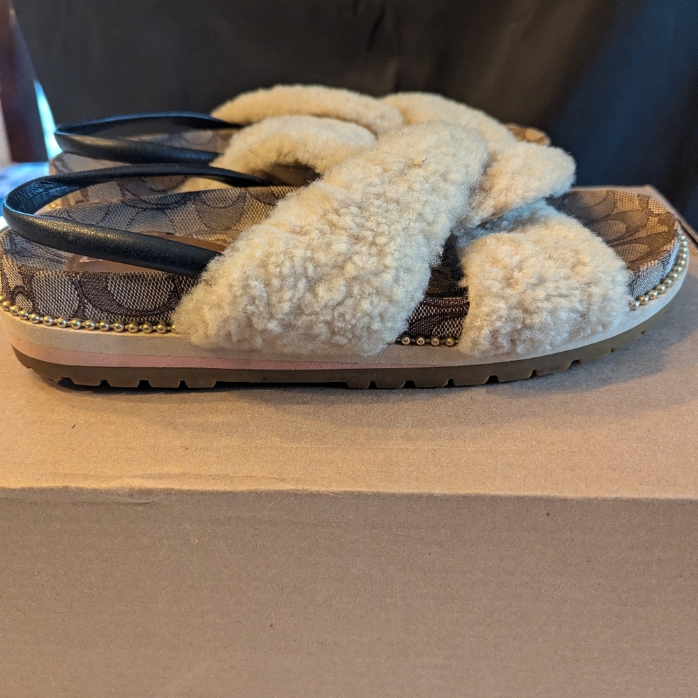 Coach Women's 8B Tally Beige Fuzzy Slippers With Beads - Picture 10 of 10